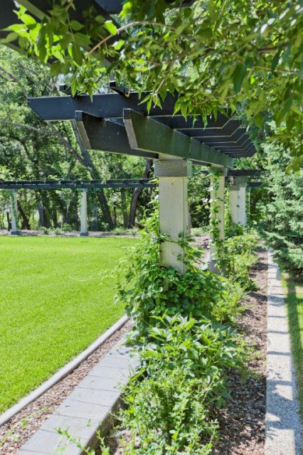 Pergola-lined garden walkway between zones