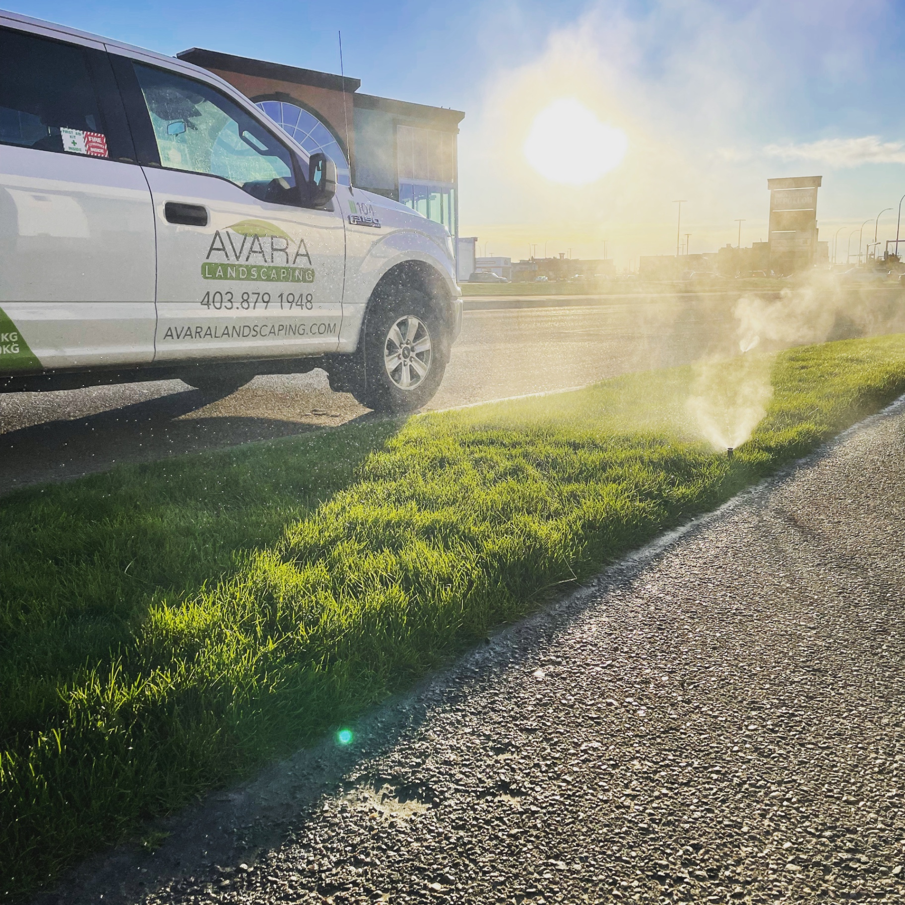 Commercial irrigation system installed by Avara Landscaping keeping a property green in Medicine Hat
