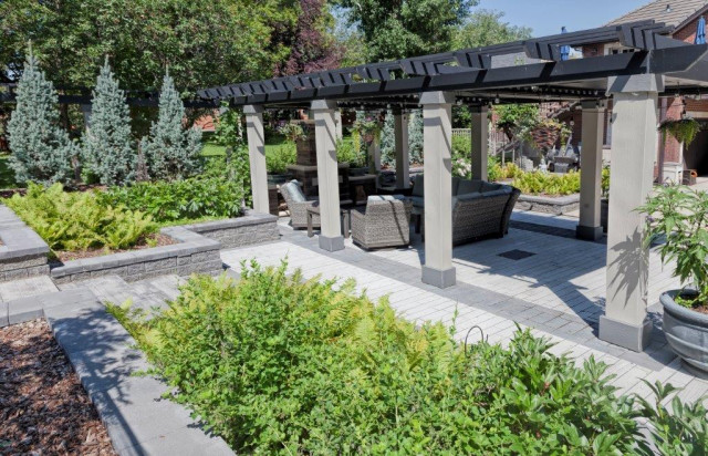 Pergola lounge with raised stone planters and evergreens